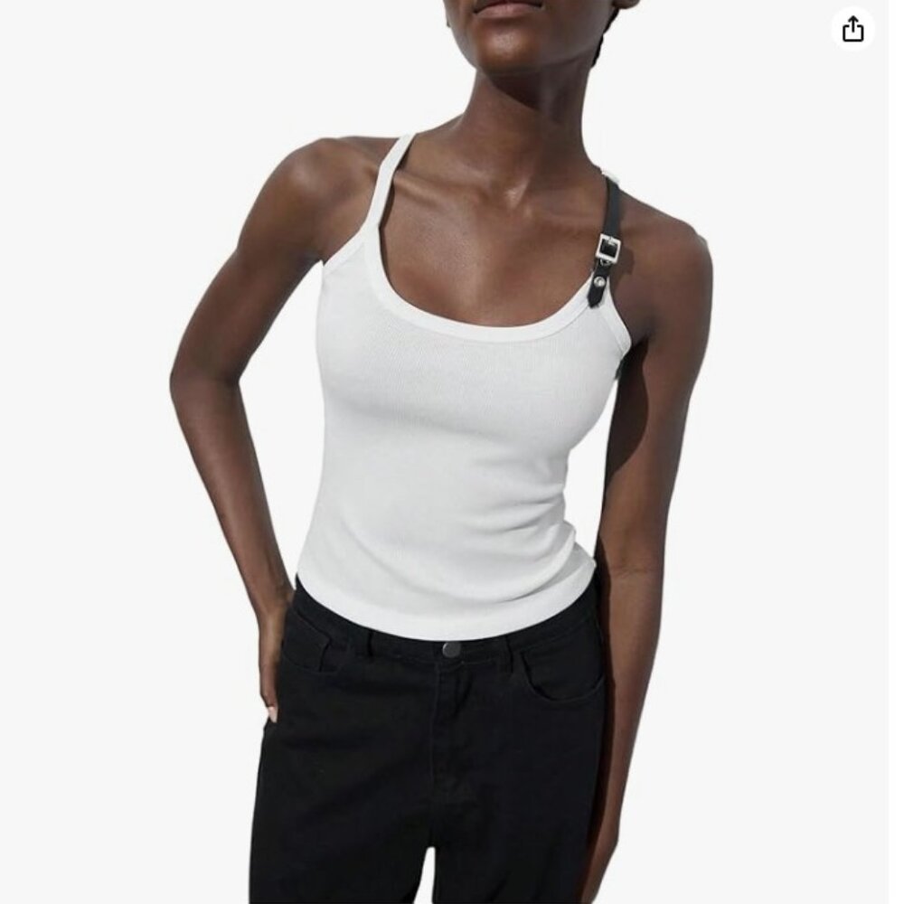 NEW Women's Y2K Adjustable Strap Ribbed Tank Tops Metal Buckle Sleeveless Scoop